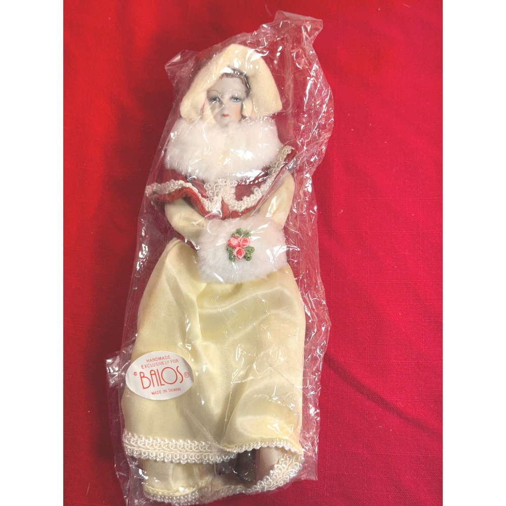 Vintage Balos Porcelain Christmas Caroler Doll Handmade Red Velvet Cream Satin